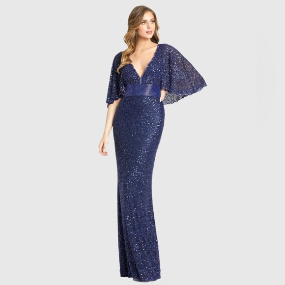 MAC DUGGAL 4808 NWT Sequined V-Neck Cape Sleeve Beaded Waist Gown - Picture 1 of 7
